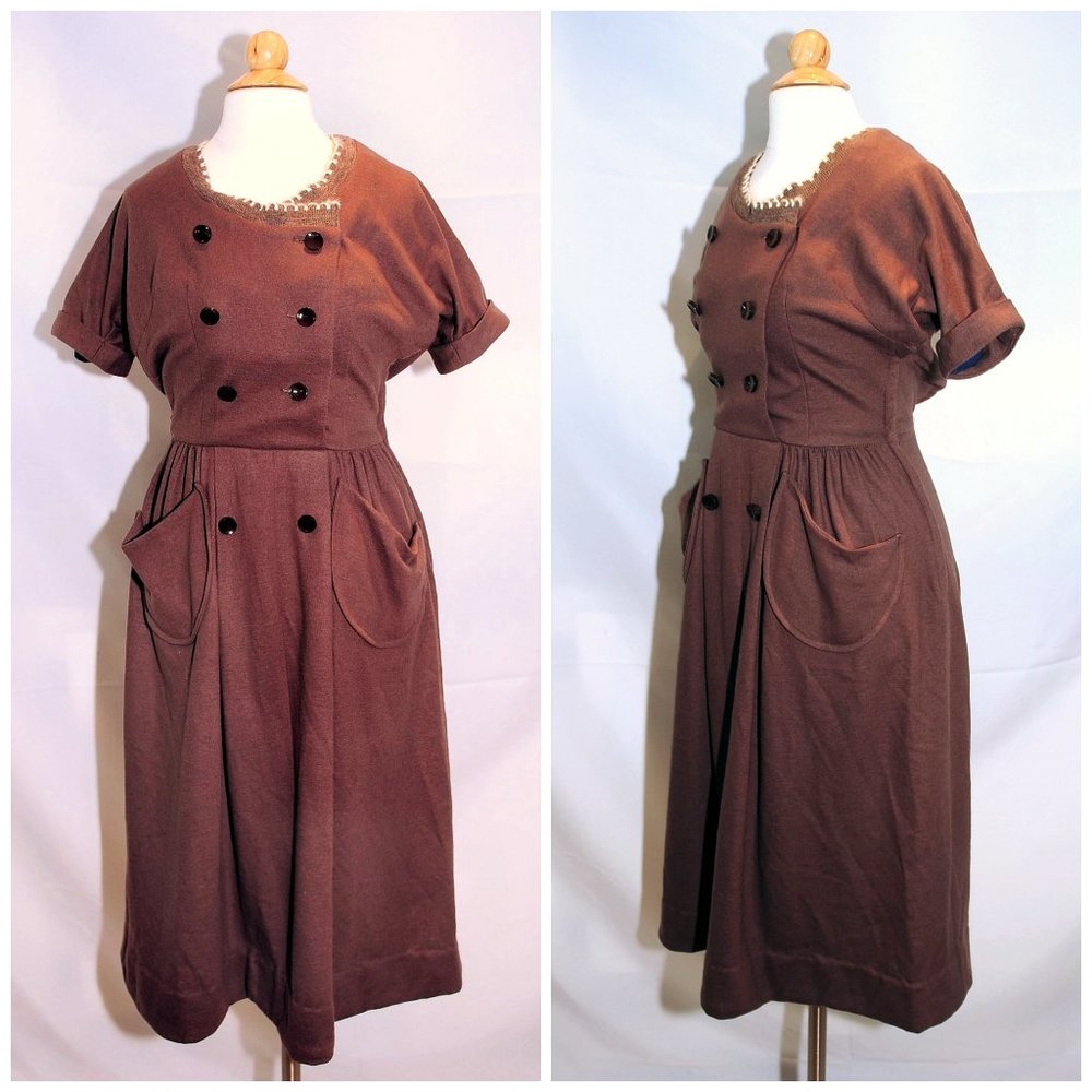 VTG 60's Helen Whiting Brown Wool Day Dress XS/S